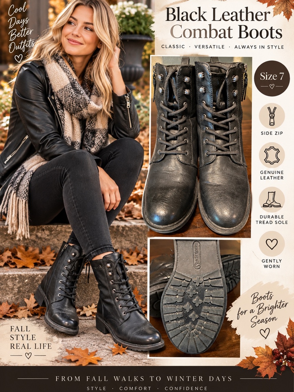 BareTraps Black Leather Lace-Up Combat Boots